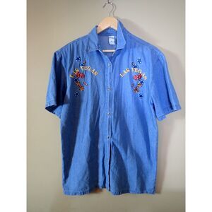 Bay Beauty Large Las Vegas Gambling Bingo Cards Dice Blue Denim Blouse Shirt XXL